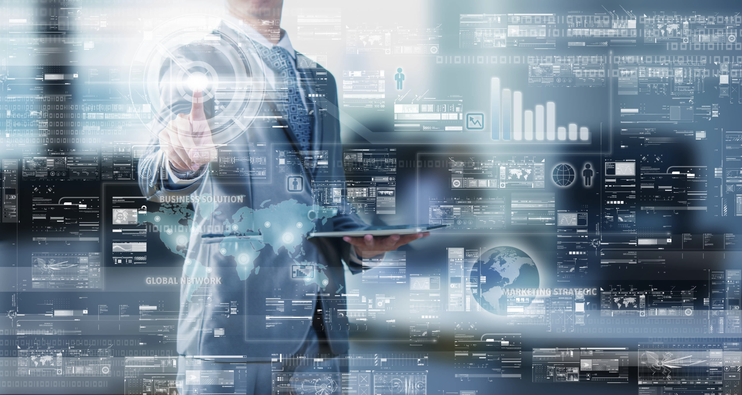 Businessman press on digital screen, digital layer effect, busin The Suite Advantage: Reduce Complexity and Invest in the Future for Intelligent, Autonomous Source-to-Pay Technology
